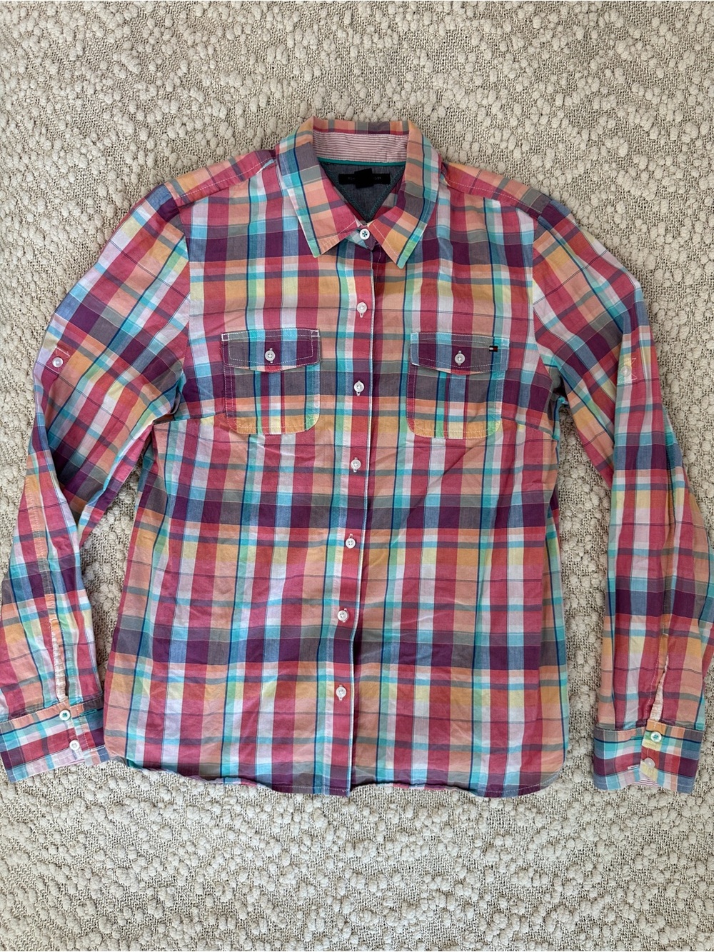 Tommy Hilfiger Womens Large Plaid Roll Tab Long Sleeve Button Down Shirt Cotton